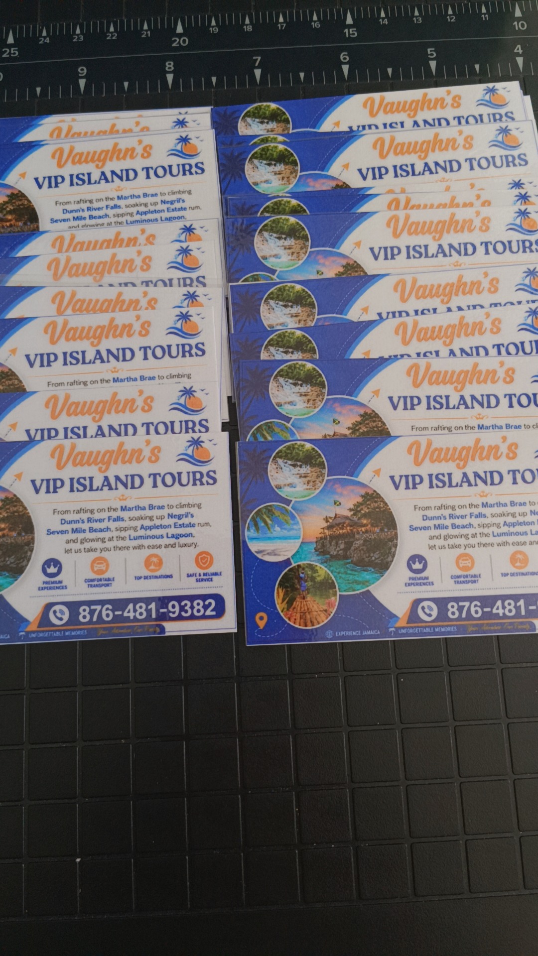 Stacks of Vaughn's VIP Island Tours business cards