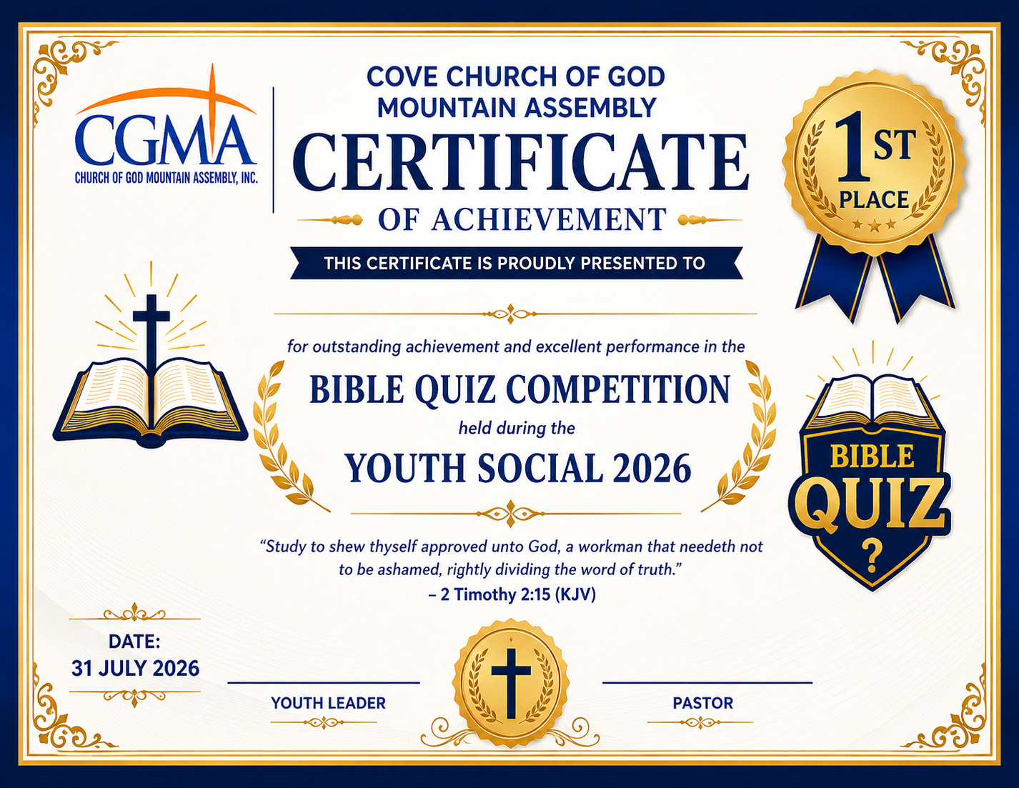 Bible quiz achievement certificate